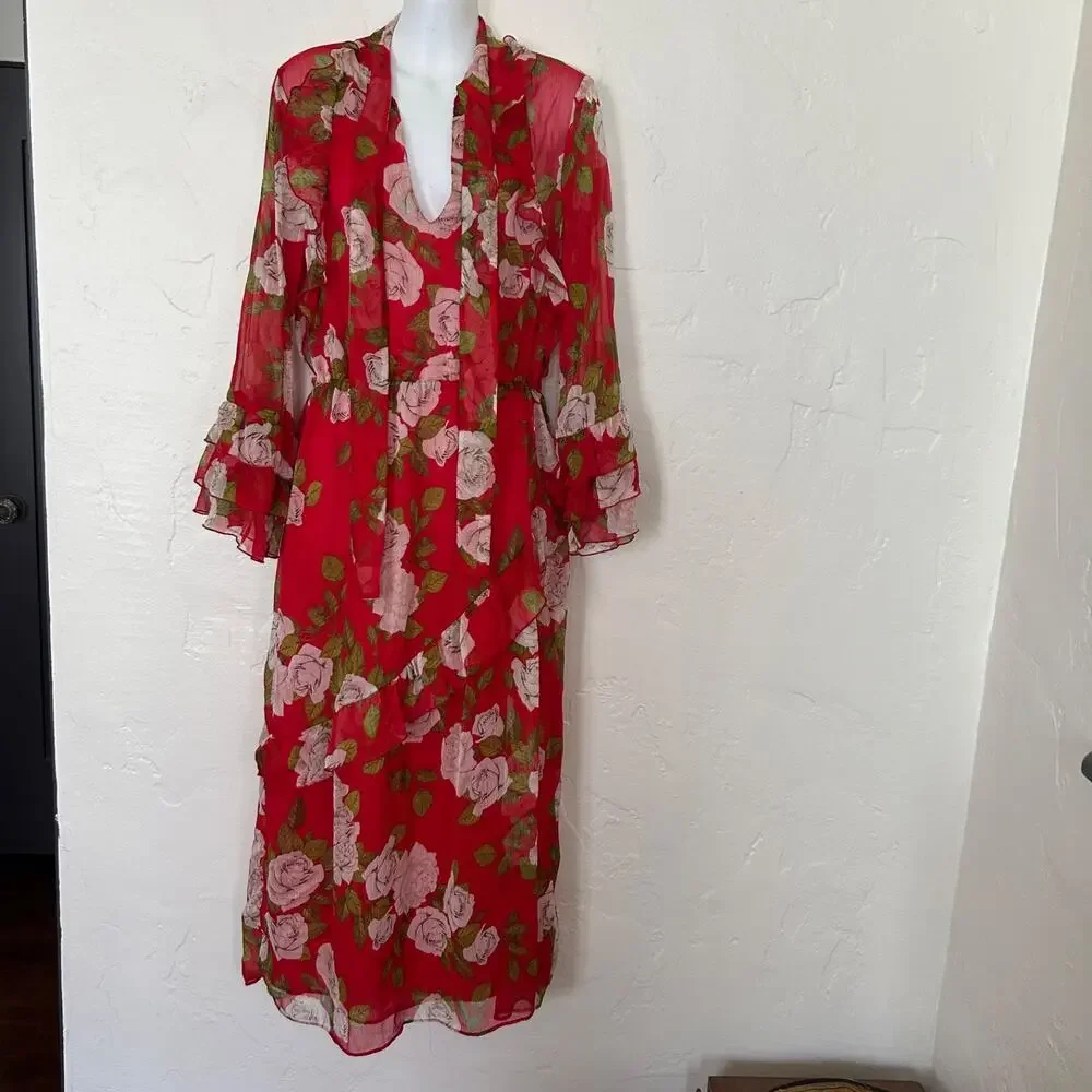 NWOT ZARA FLORAL DRESS w/ RUFFLES RED Bow Tie Open Back Woman M